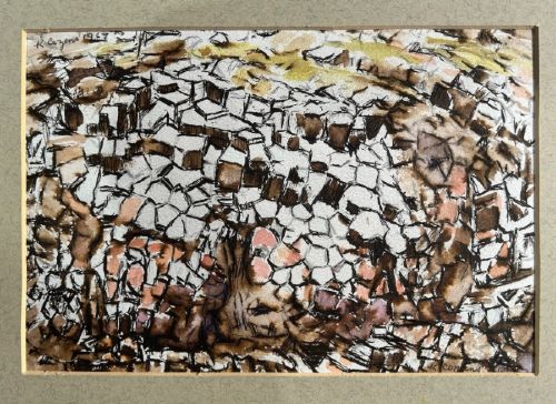 A detailed close-up of a mid-century ink and watercolour painting depicting abstract basalt rock formations in shades of brown, peach, and off-white. View VIII
