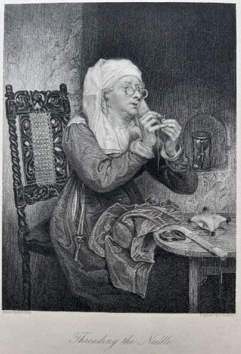 Original Early 19th Century Antique C1837 Mounted Print Threading the Needle Engraving After M W Sharp Sewing Study