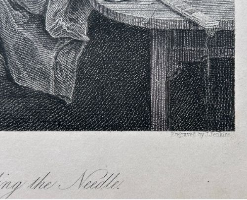 fig 3. A monochrome nineteenth-century steel engraving depicting an elderly woman wearing spectacles and a headscarf threading a needle while seated at a small wooden table.