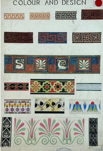 fig 1. An original 1930s architectural study board on cream paper featuring hand-painted watercolour border designs, including Greek key patterns and foliate motifs beneath the heading Colour and Design.