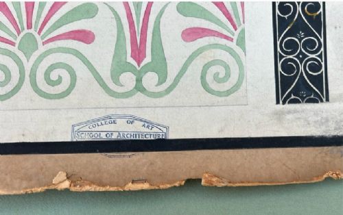 fig 2. An original 1930s architectural study board on cream paper featuring hand-painted watercolour border designs, including Greek key patterns and foliate motifs beneath the heading Colour and Design.