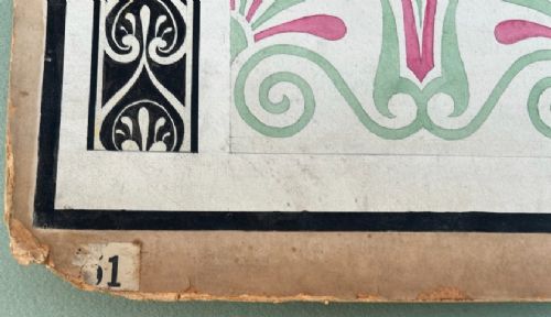 fig 3. An original 1930s architectural study board on cream paper featuring hand-painted watercolour border designs, including Greek key patterns and foliate motifs beneath the heading Colour and Design.
