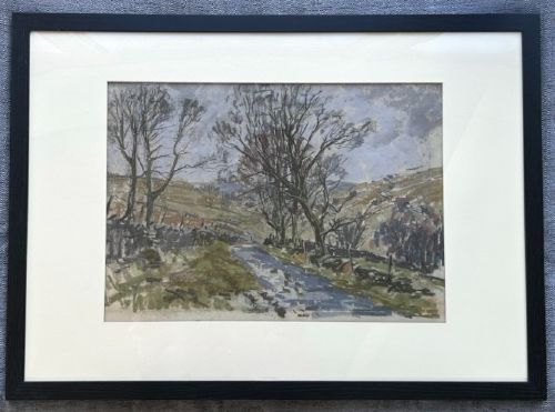 fig 1. A mid-20th-century pastel drawing depicting a winding countryside road bordered by bare trees and drystone walls under an overcast sky.