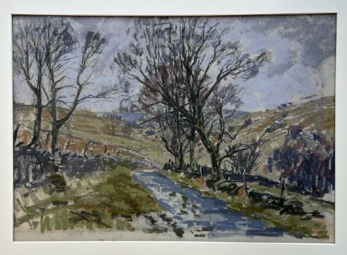 fig 2. A mid-20th-century pastel drawing depicting a winding countryside road bordered by bare trees and drystone walls under an overcast sky.