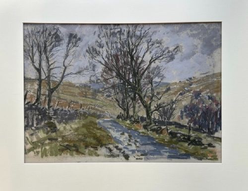 A mid-20th-century pastel drawing depicting a winding countryside road bordered by bare trees and drystone walls under an overcast sky. View IV