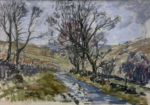 A mid-20th-century pastel drawing depicting a winding countryside road bordered by bare trees and drystone walls under an overcast sky. View V