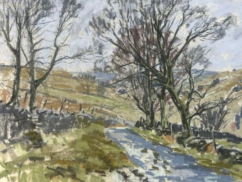 A mid-20th-century pastel drawing depicting a winding countryside road bordered by bare trees and drystone walls under an overcast sky. View VI