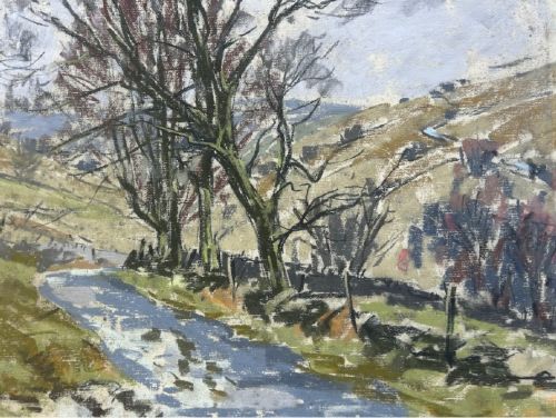 A mid-20th-century pastel drawing depicting a winding countryside road bordered by bare trees and drystone walls under an overcast sky. View VII