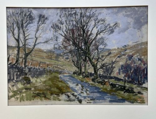 A mid-20th-century pastel drawing depicting a winding countryside road bordered by bare trees and drystone walls under an overcast sky. View VIII