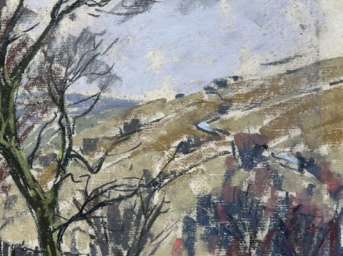 A mid-20th-century pastel drawing depicting a winding countryside road bordered by bare trees and drystone walls under an overcast sky. View IX