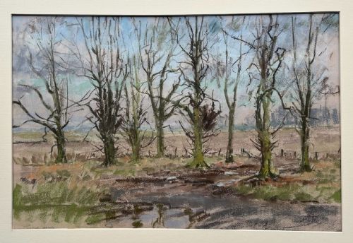 fig 1. A mid-20th-century pastel landscape drawing depicting bare trees, muddy tracks, and puddles under a pale sky.