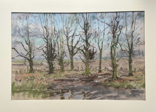 fig 2. A mid-20th-century pastel landscape drawing depicting bare trees, muddy tracks, and puddles under a pale sky.