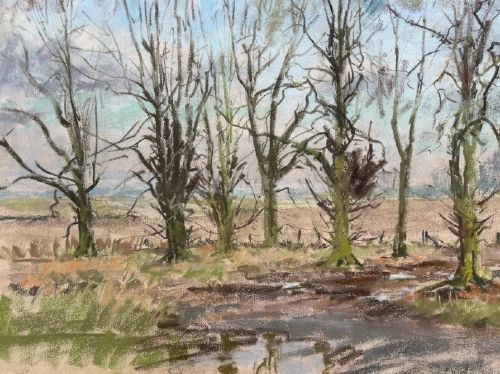 fig 3. A mid-20th-century pastel landscape drawing depicting bare trees, muddy tracks, and puddles under a pale sky.