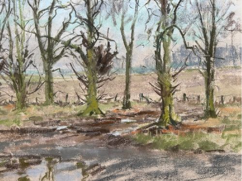 A mid-20th-century pastel landscape drawing depicting bare trees, muddy tracks, and puddles under a pale sky. View V