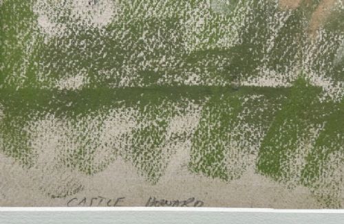 A mid-20th-century pastel landscape drawing depicting bare trees, muddy tracks, and puddles under a pale sky. View VI