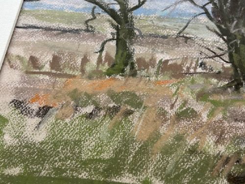 A mid-20th-century pastel landscape drawing depicting bare trees, muddy tracks, and puddles under a pale sky. View VII
