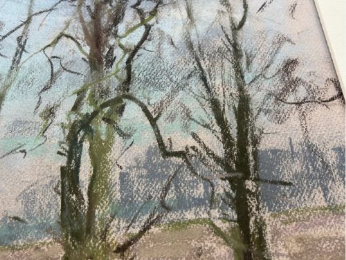 A mid-20th-century pastel landscape drawing depicting bare trees, muddy tracks, and puddles under a pale sky. View VIII