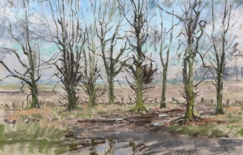 A mid-20th-century pastel landscape drawing depicting bare trees, muddy tracks, and puddles under a pale sky. View IX