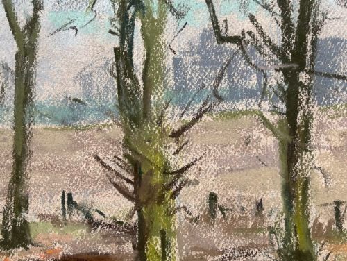 A mid-20th-century pastel landscape drawing depicting bare trees, muddy tracks, and puddles under a pale sky. View X
