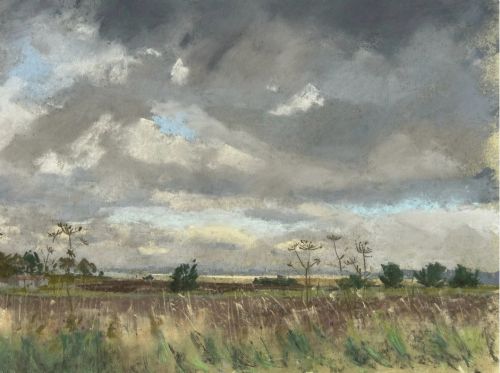 Angus Rands Original Mid 20th Century Pastel Drawing Painting Yorkshire Landscape with Stormy Sky