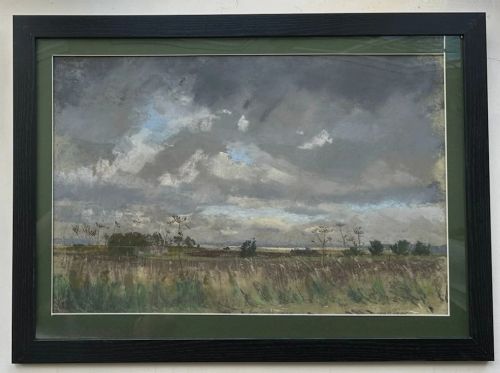 fig 1. Original pastel drawing depicting a rural Yorkshire field under a dramatic, overcast grey sky with seed heads in the foreground.