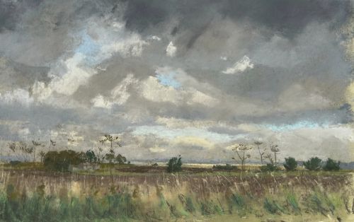 fig 3. Original pastel drawing depicting a rural Yorkshire field under a dramatic, overcast grey sky with seed heads in the foreground.