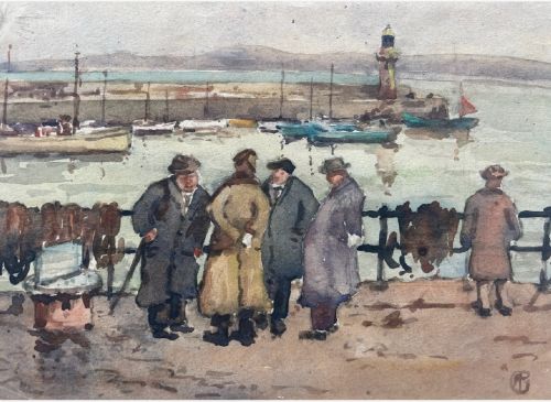 George F Pennington Signed with Gfp Monogram Original Early 20th Century Vintage Watercolour Painting St Ives Harbour Men in Overcoats