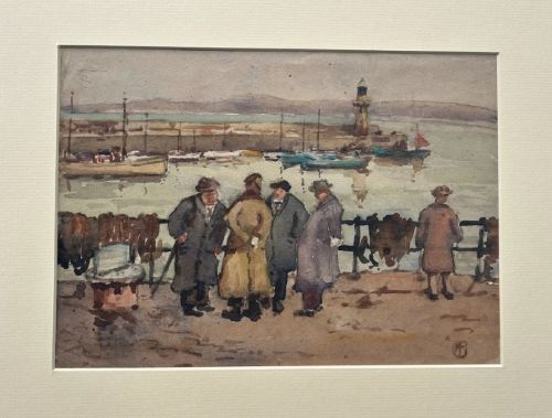 fig 1. Three early 20th-century artworks depicting harbour scenes with fishermen, boats, and a lighthouse in St Ives.