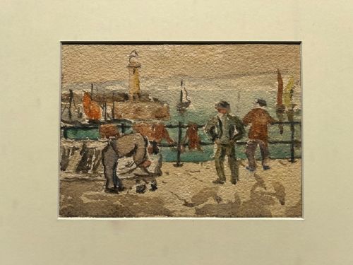 fig 1. An original watercolour painting on textured paper depicting fishermen mending nets on a harbour quay beside a lighthouse.