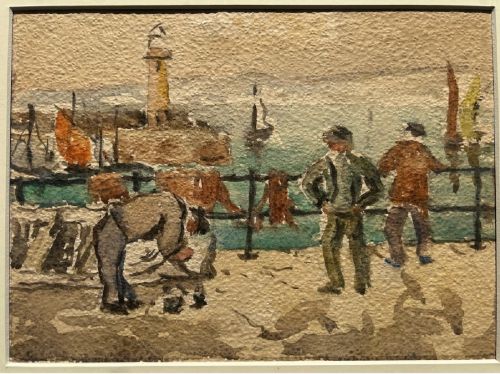 An original watercolour painting on textured paper depicting fishermen mending nets on a harbour quay beside a lighthouse. View IV