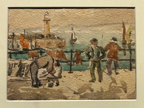 An original watercolour painting on textured paper depicting fishermen mending nets on a harbour quay beside a lighthouse. View VI