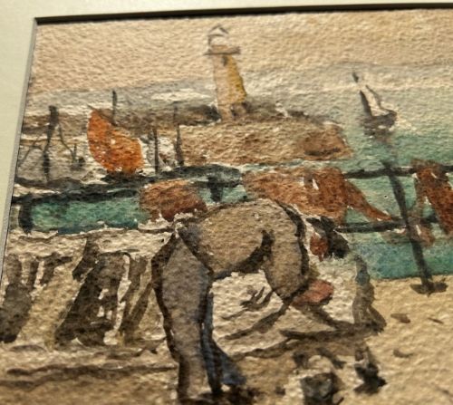An original watercolour painting on textured paper depicting fishermen mending nets on a harbour quay beside a lighthouse. View VII
