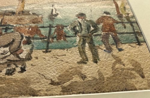 An original watercolour painting on textured paper depicting fishermen mending nets on a harbour quay beside a lighthouse. View VIII