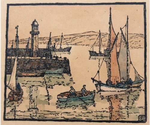 An early 20th-century miniature woodblock print depicting St Ives harbour with a lighthouse, sailing vessels, a rowboat, and coastal hills printed in ink on beige paper. View VI