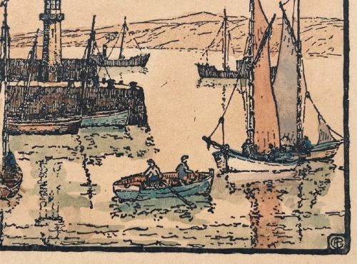 An early 20th-century miniature woodblock print depicting St Ives harbour with a lighthouse, sailing vessels, a rowboat, and coastal hills printed in ink on beige paper. View VII