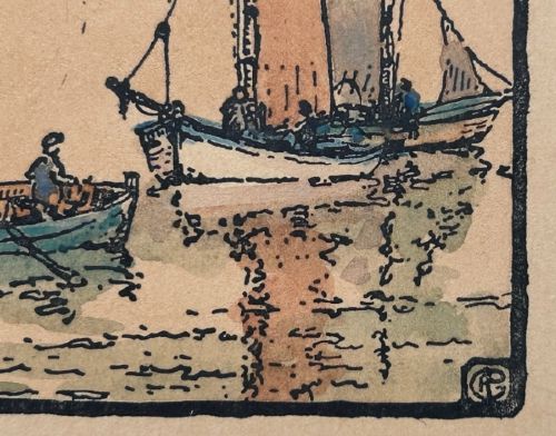 An early 20th-century miniature woodblock print depicting St Ives harbour with a lighthouse, sailing vessels, a rowboat, and coastal hills printed in ink on beige paper. View IX