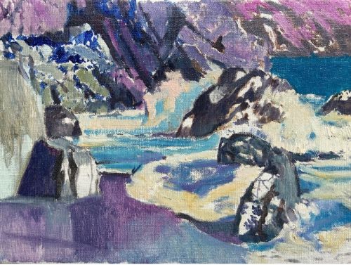 fig 1. A mid-century expressionist oil painting on canvas depicting coastal ocean waves crashing against rocky cliffs in shades of purple, blue, turquoise, and grey.