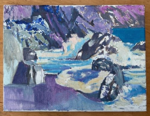 A mid-century expressionist oil painting on canvas depicting coastal ocean waves crashing against rocky cliffs in shades of purple, blue, turquoise, and grey. View III