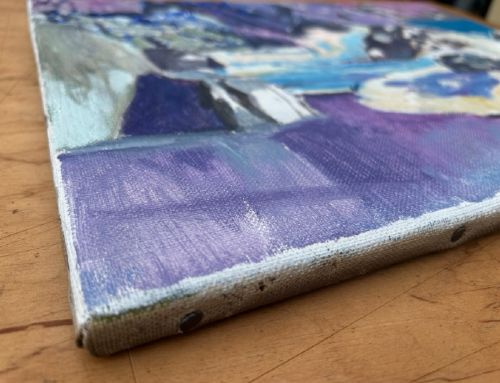A mid-century expressionist oil painting on canvas depicting coastal ocean waves crashing against rocky cliffs in shades of purple, blue, turquoise, and grey. View IV