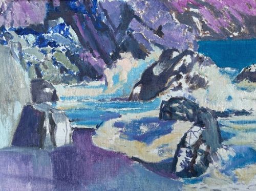 A mid-century expressionist oil painting on canvas depicting coastal ocean waves crashing against rocky cliffs in shades of purple, blue, turquoise, and grey. View V