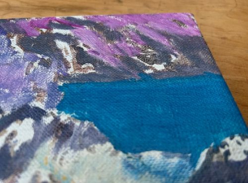 A mid-century expressionist oil painting on canvas depicting coastal ocean waves crashing against rocky cliffs in shades of purple, blue, turquoise, and grey. View VI