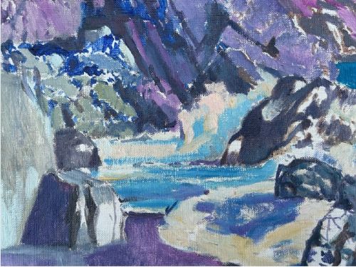 A mid-century expressionist oil painting on canvas depicting coastal ocean waves crashing against rocky cliffs in shades of purple, blue, turquoise, and grey. View VII