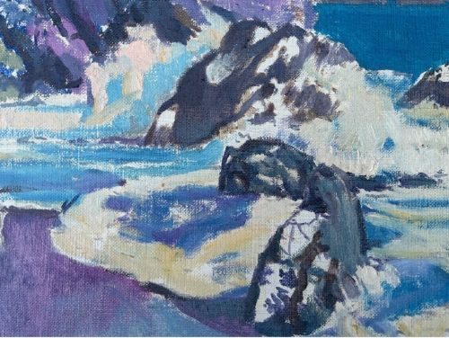 A mid-century expressionist oil painting on canvas depicting coastal ocean waves crashing against rocky cliffs in shades of purple, blue, turquoise, and grey. View VIII