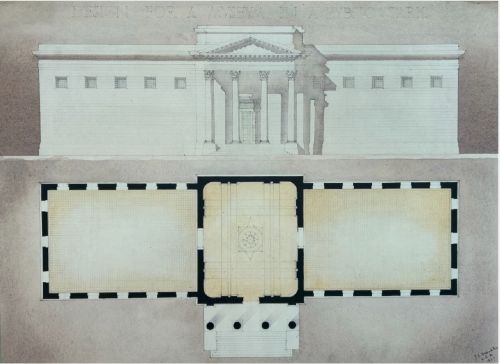 fig 2. A 1927 pen and ink architectural drawing showing a Neoclassical museum facade elevation alongside a detailed floor plan.