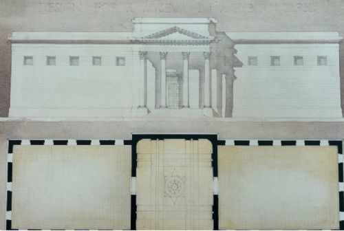 A 1927 pen and ink architectural drawing showing a Neoclassical museum facade elevation alongside a detailed floor plan. View IV