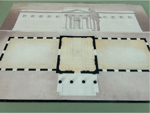 A 1927 pen and ink architectural drawing showing a Neoclassical museum facade elevation alongside a detailed floor plan. View V