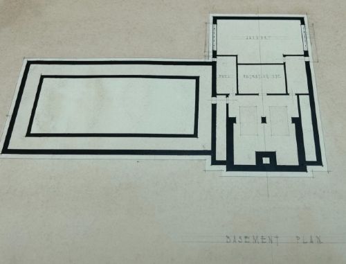 A 1927 pen and ink architectural drawing showing a Neoclassical museum facade elevation alongside a detailed floor plan. View VII