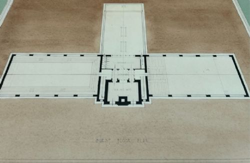 A 1927 pen and ink architectural drawing showing a Neoclassical museum facade elevation alongside a detailed floor plan. View VIII