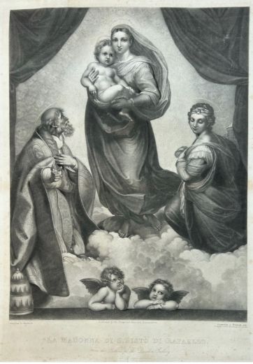 Original 19th Century Antique Steel Engraving William Say Engraving After Raphael La Madonna Di Sisto Dresden Gallery