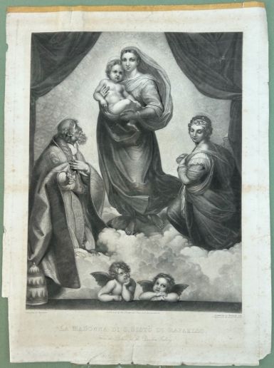 fig 1. A nineteenth-century monochrome steel engraving depicting the Sistine Madonna and Child flanked by saints and cherubs.